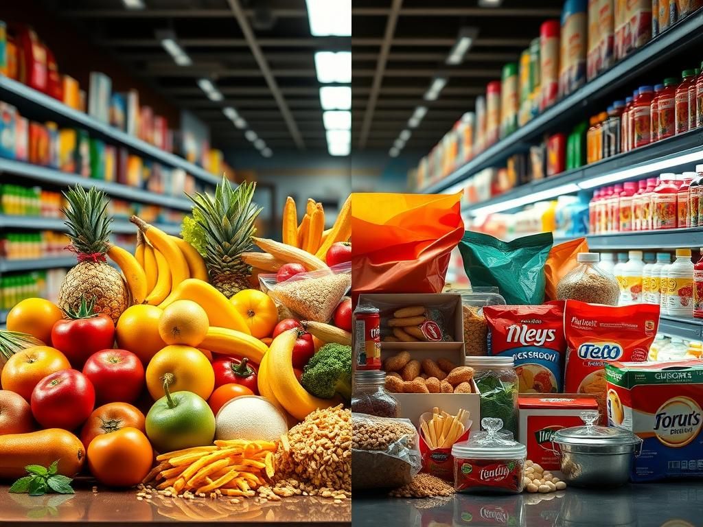 Flick International A split scene showcasing fresh, whole foods alongside ultraprocessed junk foods, illustrating the battle between health and addiction.