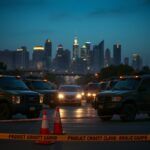 Flick International National Guard vehicles positioned in Los Angeles at dusk