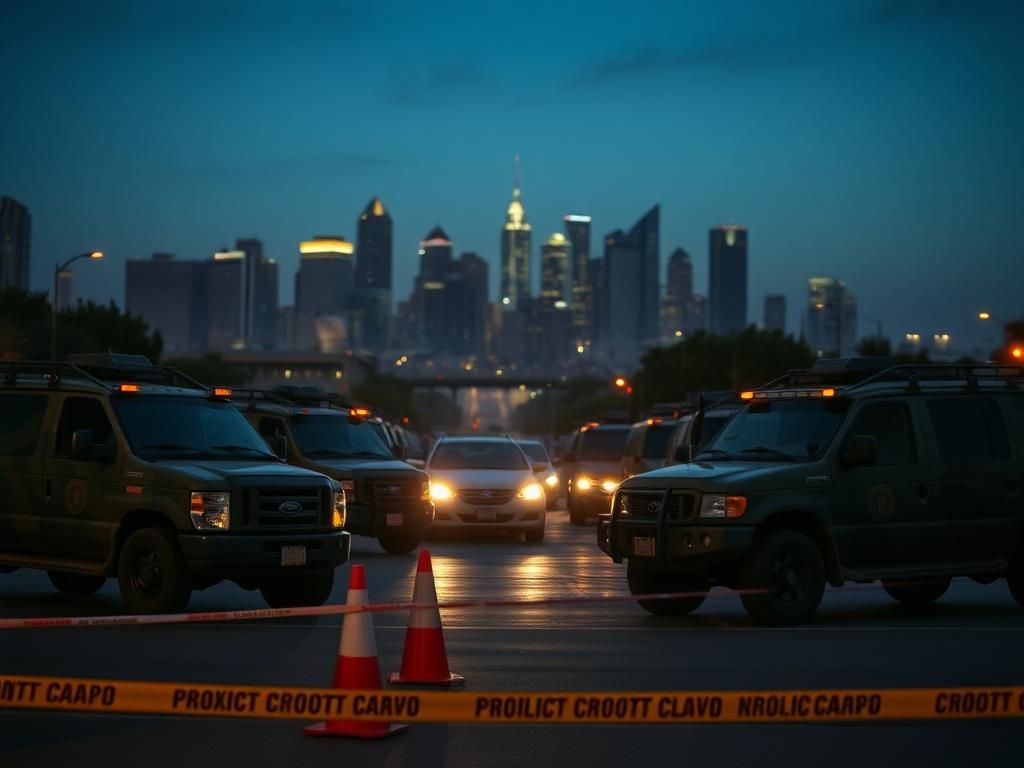 Flick International National Guard vehicles positioned in Los Angeles at dusk