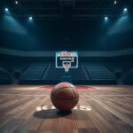Flick International Empty basketball court with dim lighting and a lone basketball, symbolizing the Knicks' coaching search turmoil