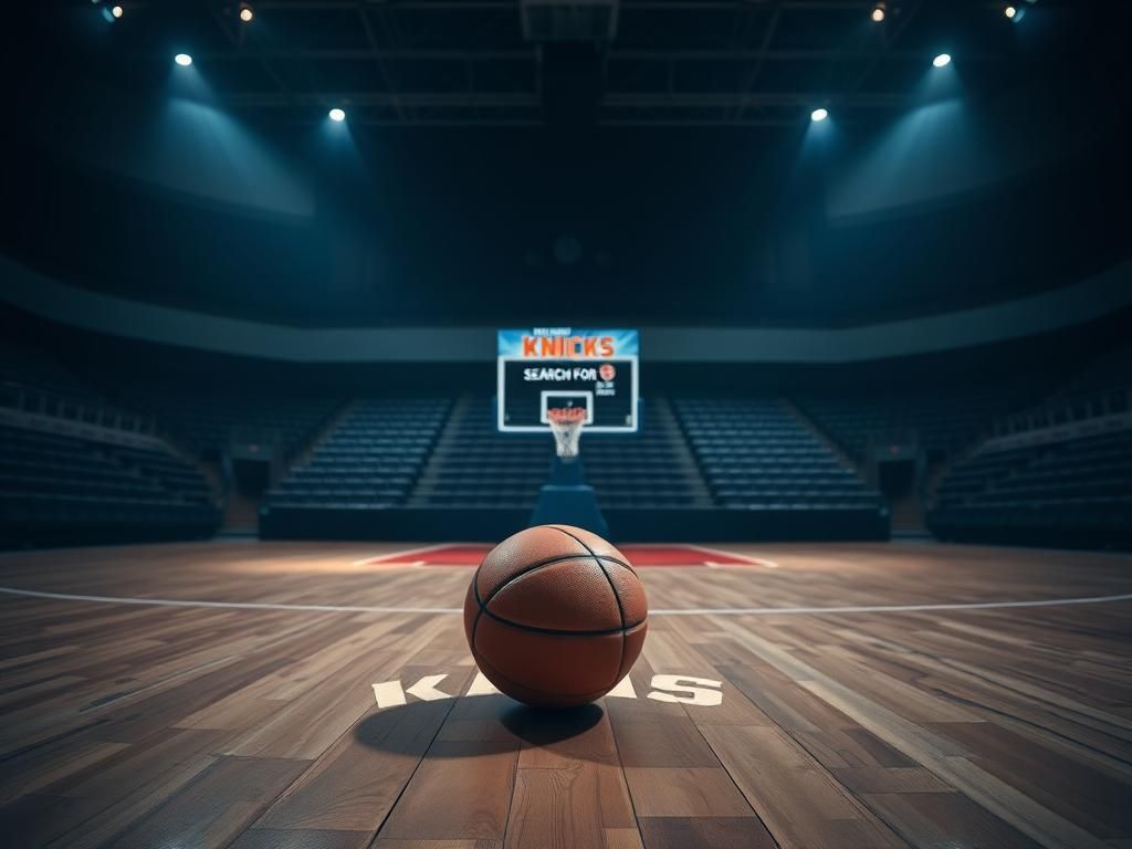 Flick International Empty basketball court with dim lighting and a lone basketball, symbolizing the Knicks' coaching search turmoil