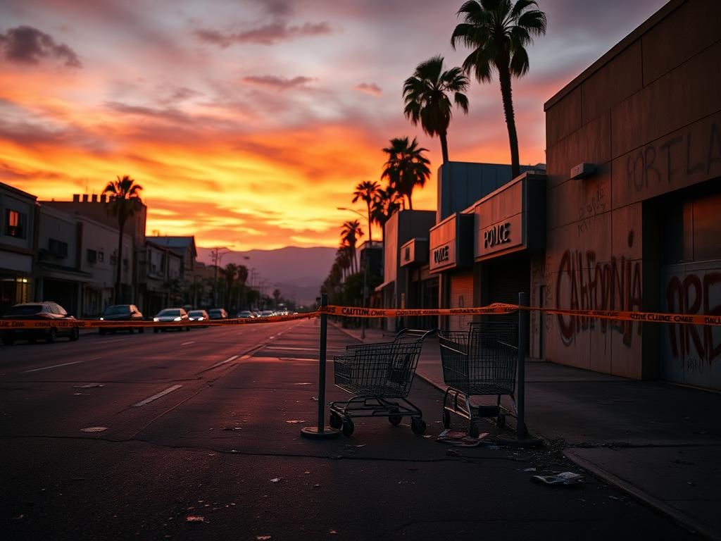 Flick International A deserted California street at dusk, showcasing remnants of chaos and law enforcement presence.