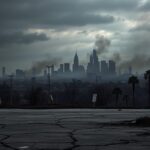 Flick International A somber cityscape of Los Angeles under gray smoke and ash, depicting the aftermath of riots and wildfires