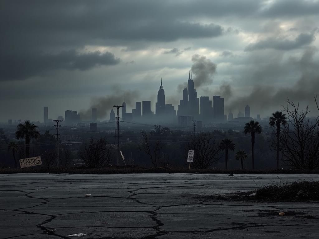 Flick International A somber cityscape of Los Angeles under gray smoke and ash, depicting the aftermath of riots and wildfires