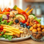 Flick International Close-up of a colorful plate filled with vibrant, nutritious foods contrasting with unhealthy snacks