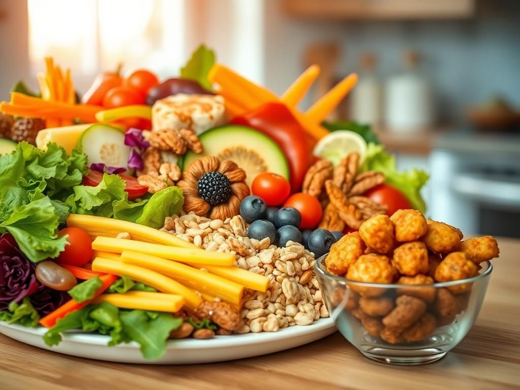 Flick International Close-up of a colorful plate filled with vibrant, nutritious foods contrasting with unhealthy snacks