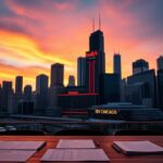 Flick International Dramatic Chicago skyline at sunset featuring Bally's Chicago casino