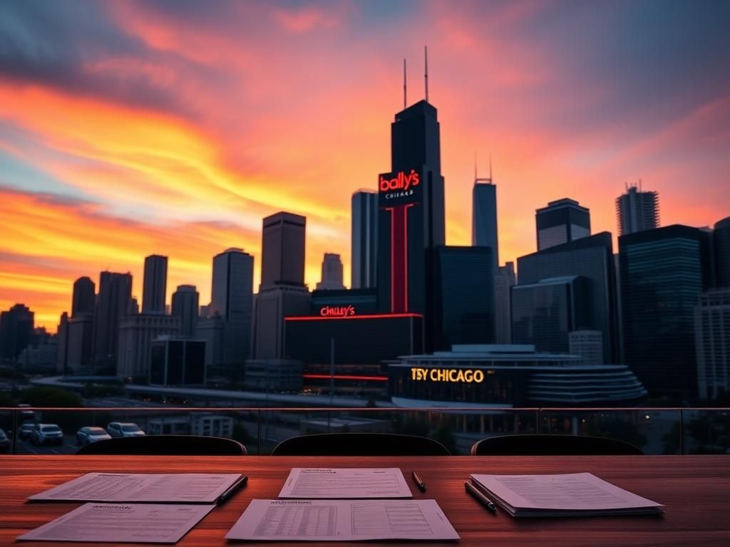 Flick International Dramatic Chicago skyline at sunset featuring Bally's Chicago casino