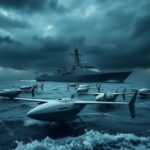 Flick International A sleek Anping-class corvette anchored in the turbulent waters of Taiwan, surrounded by unmanned sea drones under a stormy sky.