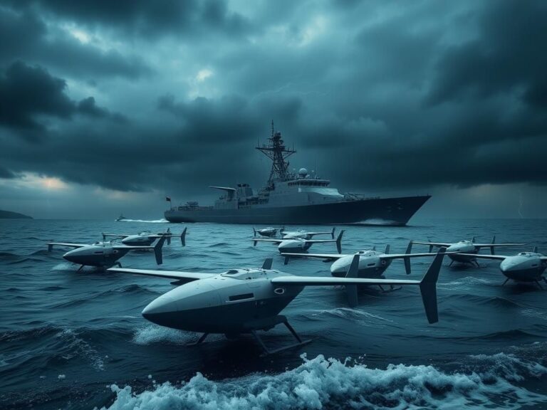 Flick International A sleek Anping-class corvette anchored in the turbulent waters of Taiwan, surrounded by unmanned sea drones under a stormy sky.