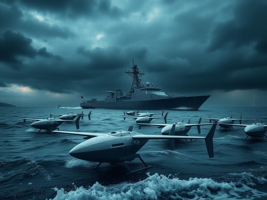 Flick International A sleek Anping-class corvette anchored in the turbulent waters of Taiwan, surrounded by unmanned sea drones under a stormy sky.