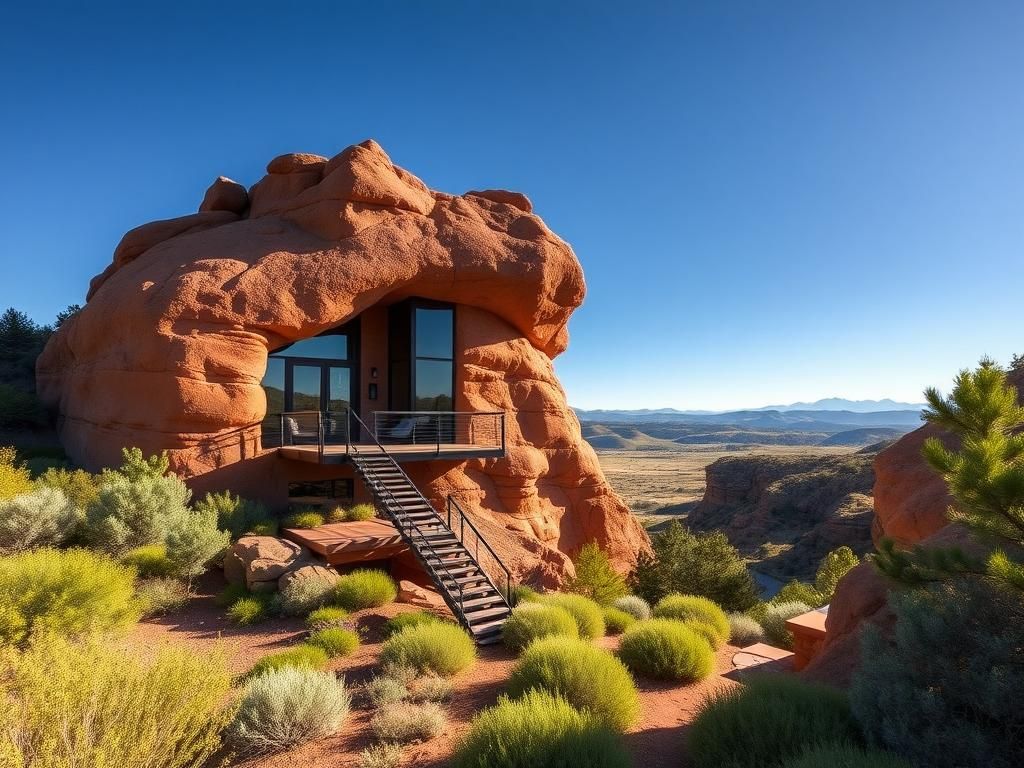 Flick International Unique rock house built into ancient red rock formation in Larkspur, Colorado