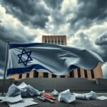 Flick International Dramatic view of the Israeli Knesset building juxtaposed against storm clouds