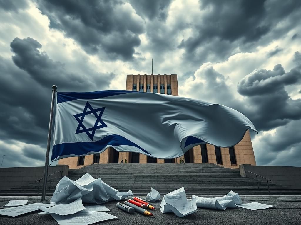 Flick International Dramatic view of the Israeli Knesset building juxtaposed against storm clouds