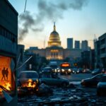 Flick International Chaotic urban scene in Los Angeles at dusk amid anti-ICE riots