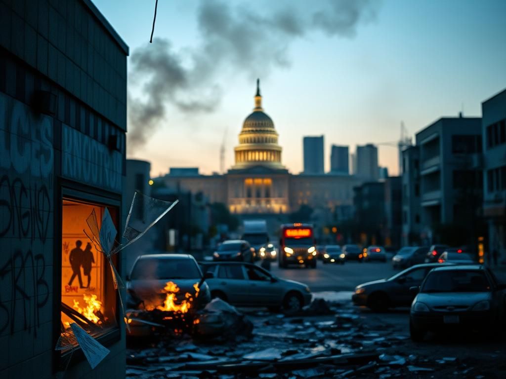 Flick International Chaotic urban scene in Los Angeles at dusk amid anti-ICE riots