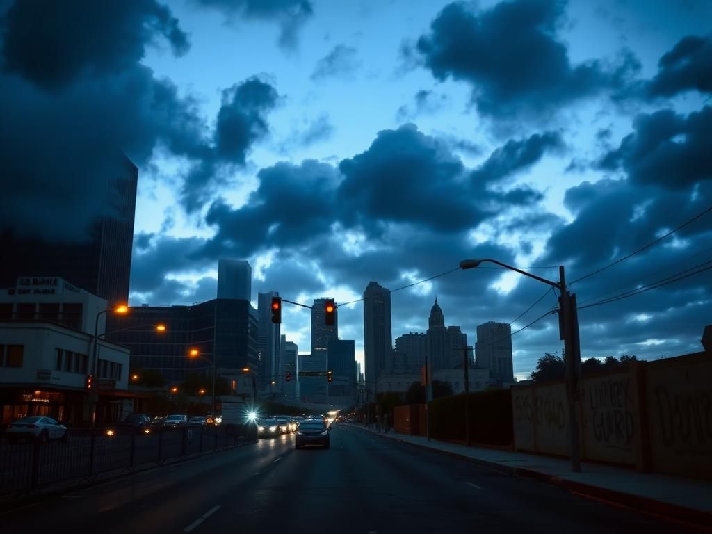 Flick International Dusk view of Downtown Los Angeles skyline with police barricades and a National Guard truck