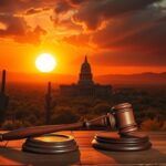 Flick International Dramatic Texas landscape featuring cacti and sunset with gavel symbolizing justice