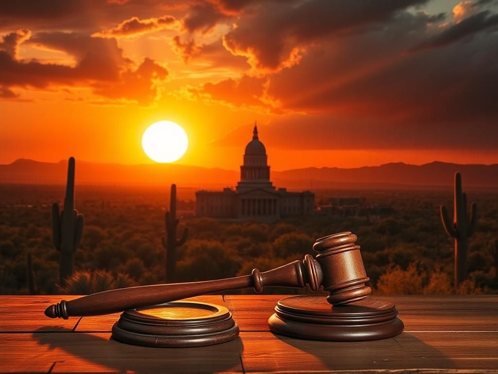 Flick International Dramatic Texas landscape featuring cacti and sunset with gavel symbolizing justice