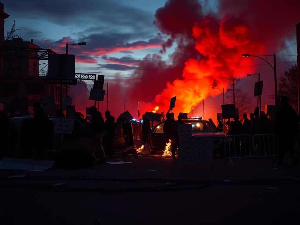 Flick International Chaotic protest scene with silhouettes of protest signs and flames