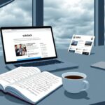 Flick International A modern desk workspace featuring a laptop open to a Substack page with a steaming cup of coffee and an open notebook