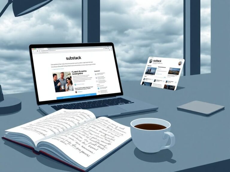Flick International A modern desk workspace featuring a laptop open to a Substack page with a steaming cup of coffee and an open notebook