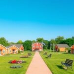Flick International A serene landscape of a veteran village with accessible apartments and community spaces