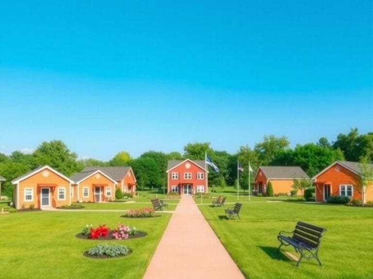 Flick International A serene landscape of a veteran village with accessible apartments and community spaces