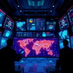 Flick International Close-up view of a futuristic cybersecurity control room displaying data flows and alerts related to AI security threats.