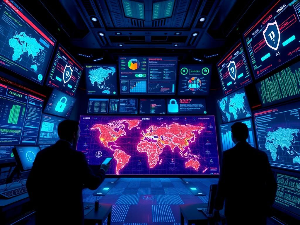 Flick International Close-up view of a futuristic cybersecurity control room displaying data flows and alerts related to AI security threats.