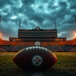 Flick International Dramatic scene of a football stadium at dusk with the Pittsburgh Steelers' logo on the field