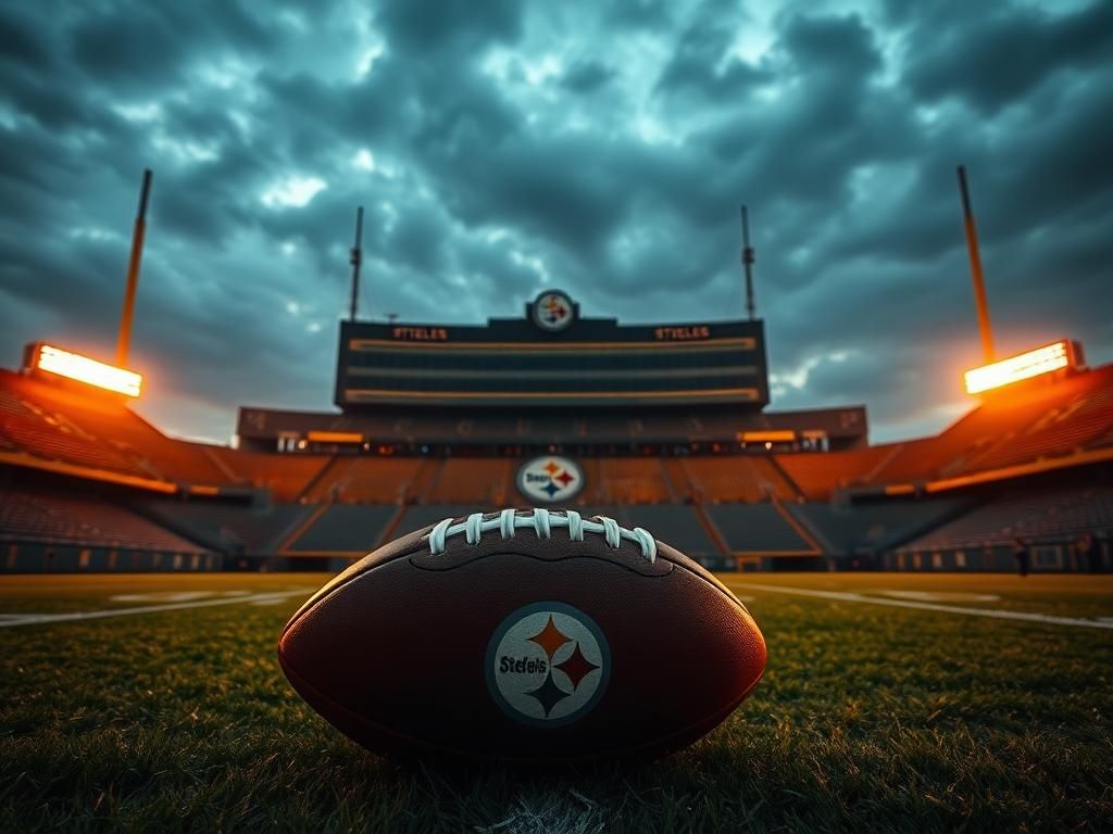 Flick International Dramatic scene of a football stadium at dusk with the Pittsburgh Steelers' logo on the field