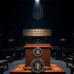 Flick International A dramatic congressional hearing room with a polished podium and empty chairs, symbolizing intense scrutiny.