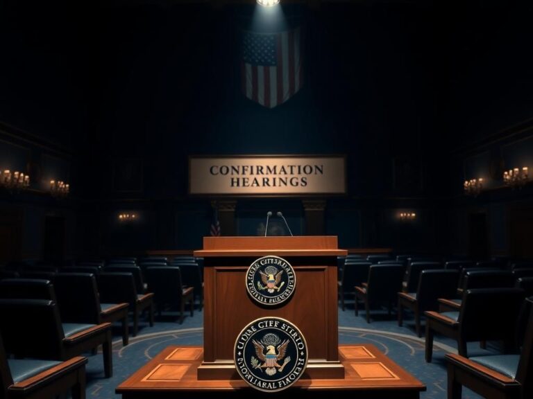 Flick International A dramatic congressional hearing room with a polished podium and empty chairs, symbolizing intense scrutiny.