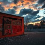 Flick International Dramatic urban landscape at dusk with graffiti and protest signs symbolizing social unrest