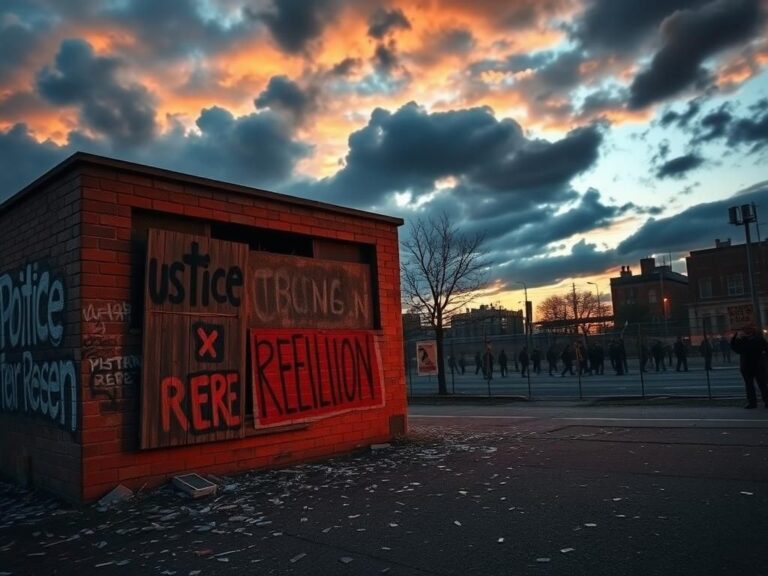 Flick International Dramatic urban landscape at dusk with graffiti and protest signs symbolizing social unrest