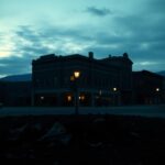Flick International Cityscape of Boulder, Colorado at dusk showing remnants of a violent event