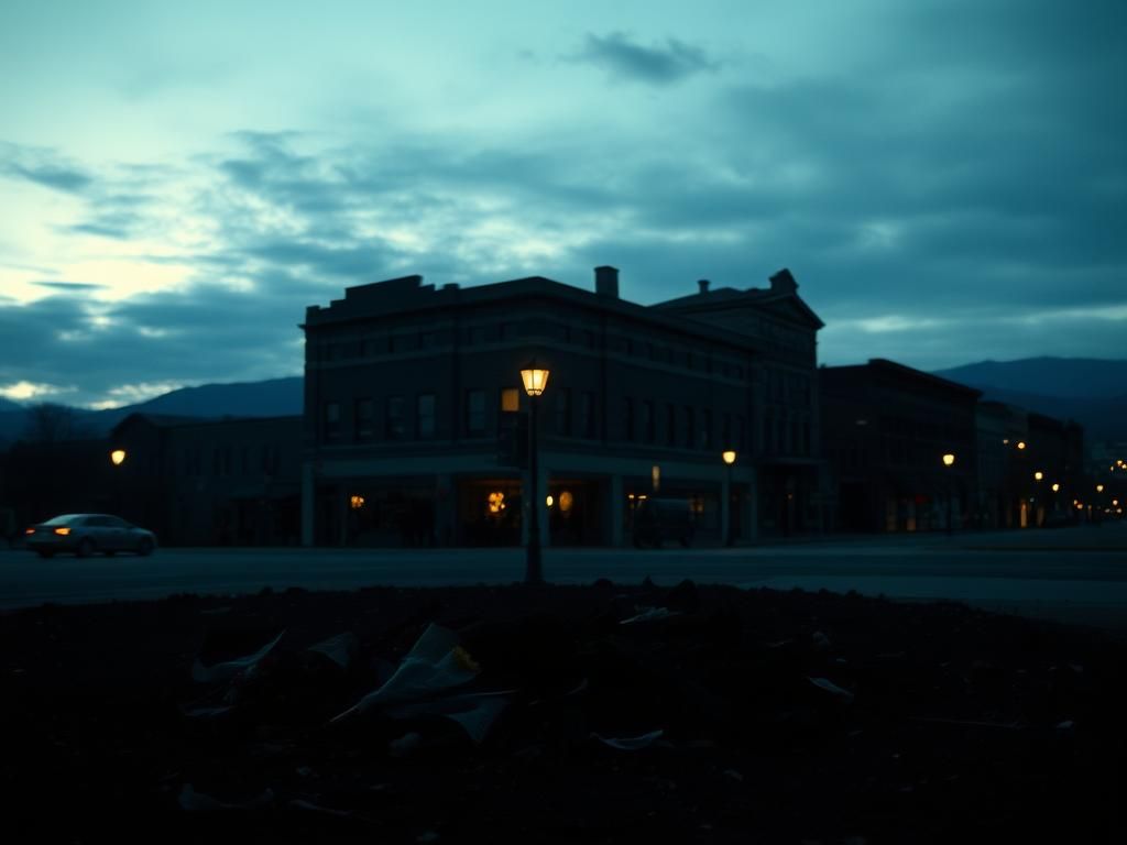 Flick International Cityscape of Boulder, Colorado at dusk showing remnants of a violent event