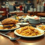 Flick International Cluttered restaurant table with half-eaten dishes and a busy kitchen background