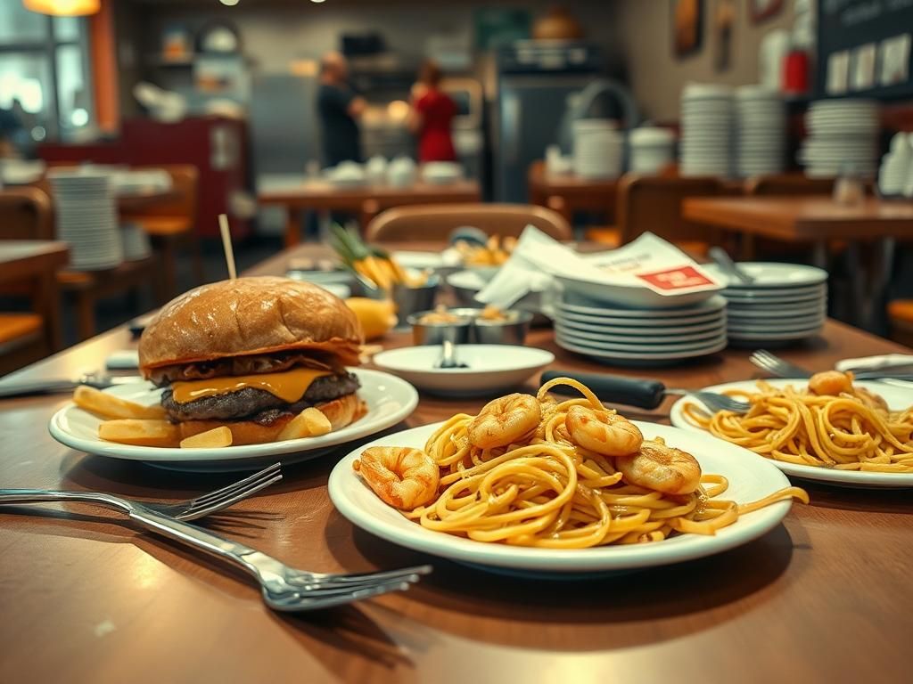 Flick International Cluttered restaurant table with half-eaten dishes and a busy kitchen background