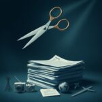 Flick International A large pair of scissors hovering above government documents symbolizing budget cuts