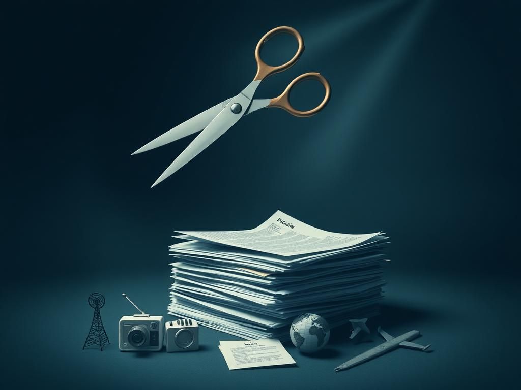 Flick International A large pair of scissors hovering above government documents symbolizing budget cuts