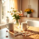 Flick International Cozy morning kitchen with coffee mugs and fresh flowers