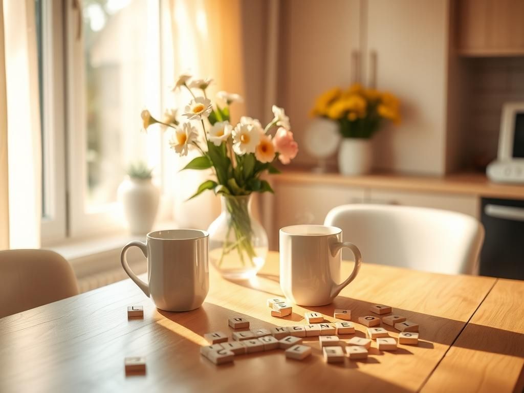 Flick International Cozy morning kitchen with coffee mugs and fresh flowers