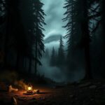 Flick International Abandoned campsite in Washington wilderness with lantern and hiking boot