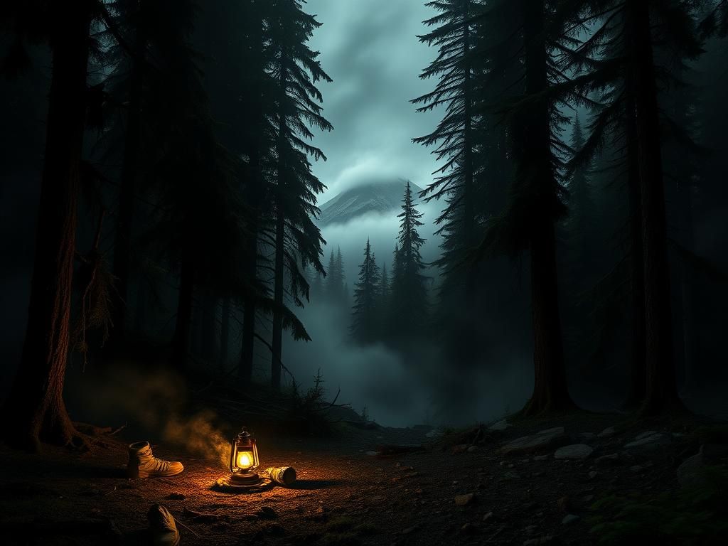 Flick International Abandoned campsite in Washington wilderness with lantern and hiking boot