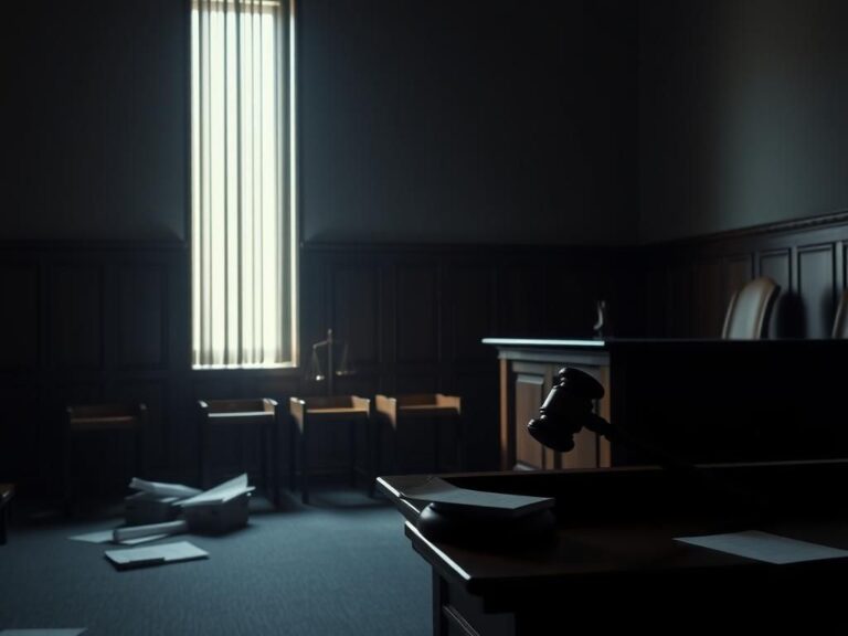 Flick International Dimly lit courtroom scene symbolizing the Harvey Weinstein trial with an empty jury box and a gavel on the judge's bench
