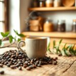 Flick International A steaming cup of caffeinated coffee on a rustic wooden table surrounded by coffee beans and a green plant.