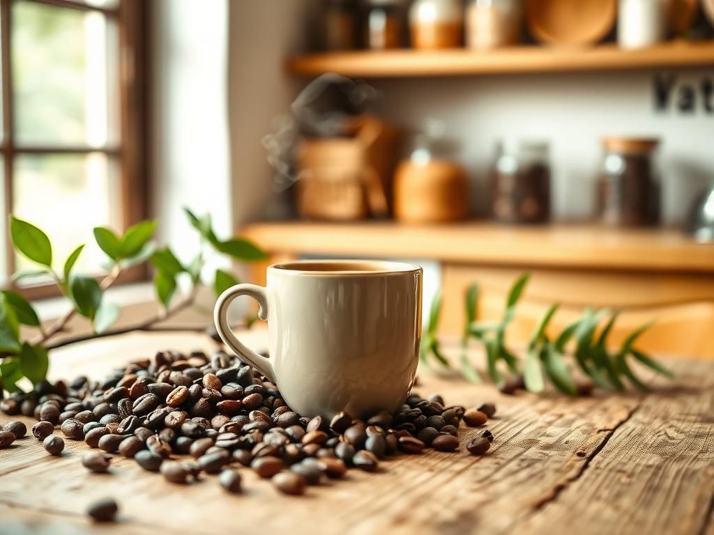 Flick International A steaming cup of caffeinated coffee on a rustic wooden table surrounded by coffee beans and a green plant.