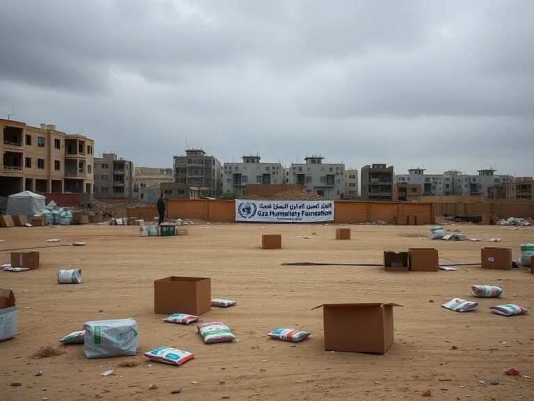 Flick International A desolate humanitarian aid site in Gaza with empty boxes and scattered food supplies after an attack